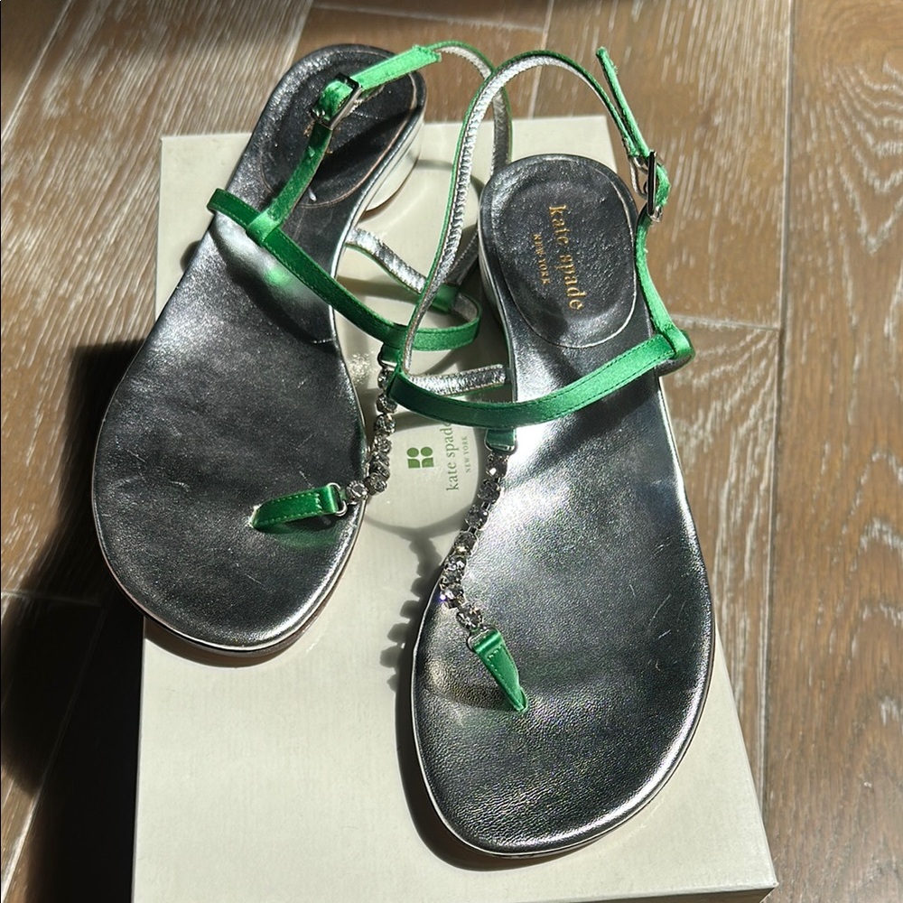 New Kate Spade Green and Silver Sandals with Metallic Finish